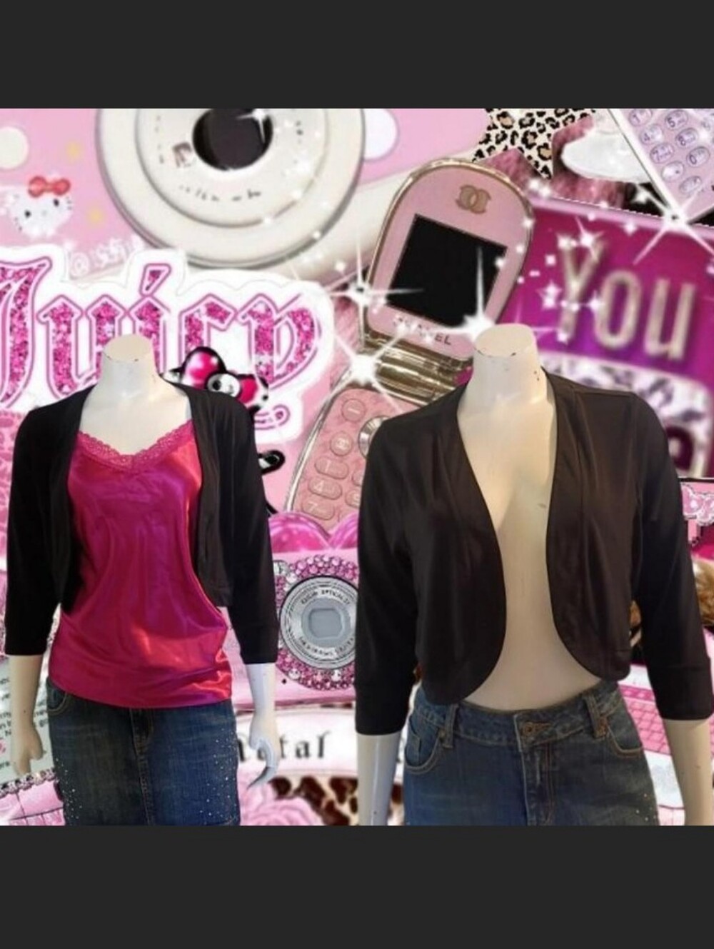 Vintage 90s Y2K Glamour Women's Black Cropped Open Front Cardigan Size Large